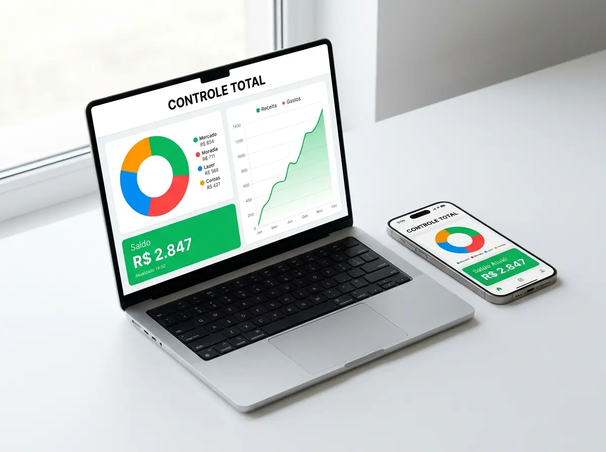 Painel financeiro do Método Controle Total no celular e no computador