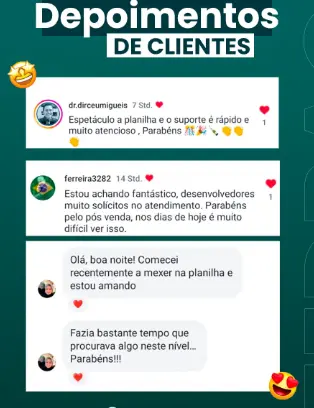 Comentários no Instagram: 'Espetáculo a planilha e o suporte é rápido e muito atencioso, Parabéns'